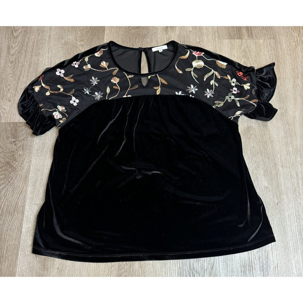 Pleione Velvet Floral Embroidered Blouse Top Keyhole Ruffle Short Sleeve
